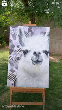 Load and play video in Gallery viewer, This is Mr. Llama&quot; an original oil painting sized at 24&quot; X 36&quot;.  It freatures a tetured collage background on a gallery wrapped canvas (1.5 inches deep).  Cute, modern, and full of personality!  This one always get a smile.  
