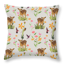 Load image into Gallery viewer, Fawn with Wildflowers and Humming birds - Throw Pillow