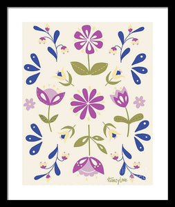 Folk Flower Pattern in Beige and Purple - Framed Print