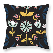 Load image into Gallery viewer, Folk Flower Pattern in Black and Blue - Throw Pillow
