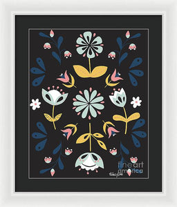 Folk Flower Pattern in Black and Blue - Framed Print