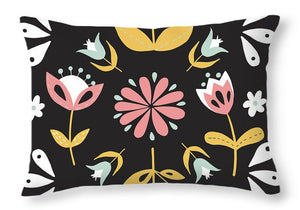 Folk Flower Pattern in Black and White - Throw Pillow