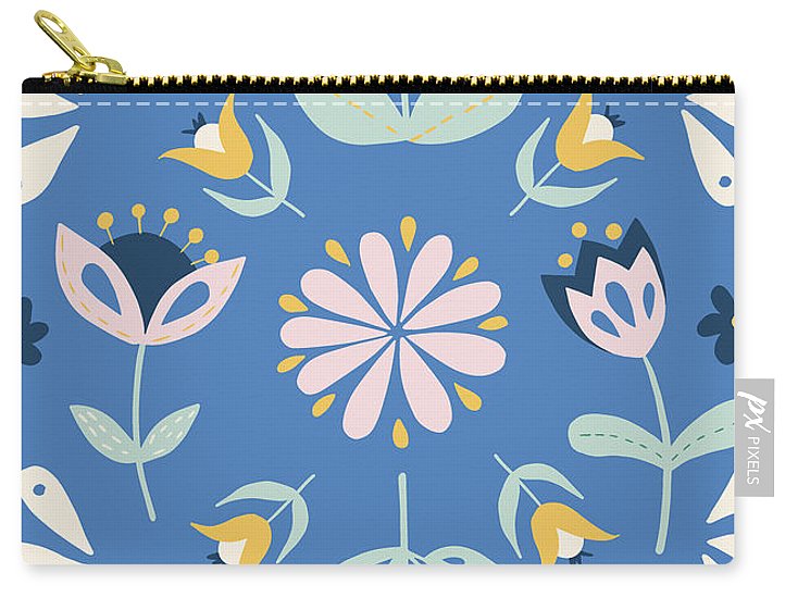 Folk Flower Pattern in Blue - Carry-All Pouch
