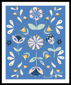 Folk Flower Pattern in Blue - Framed Print