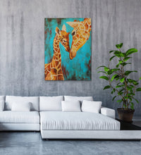 Load image into Gallery viewer, Giclee fine art print of "Young Love" original painting of mom and baby giraffe