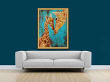 Load image into Gallery viewer, Giclee fine art print of "Young Love" original painting of mom and baby giraffe