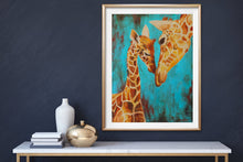Load image into Gallery viewer, Giclee fine art print of "Young Love" original painting of mom and baby giraffe