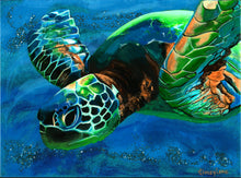 Load image into Gallery viewer, original Sea Turtle sparkly resin pour painting on birch wood named "Searching for Light" by Ashley Lane