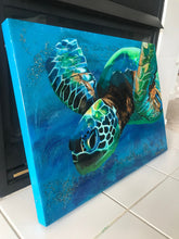 Load image into Gallery viewer, original Sea Turtle sparkly resin pour painting on birch wood named "Searching for Light" by Ashley Lane