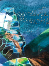 Load image into Gallery viewer, original Sea Turtle sparkly resin pour painting on birch wood named "Searching for Light" by Ashley Lane