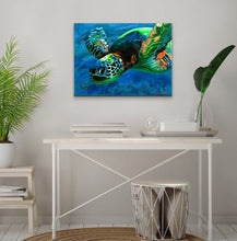 Load image into Gallery viewer, original Sea Turtle sparkly resin pour painting on birch wood named "Searching for Light" by Ashley Lane