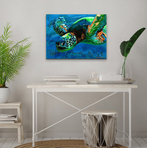 original Sea Turtle sparkly resin pour painting on birch wood named "Searching for Light" by Ashley Lane
