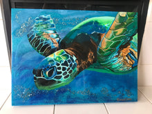 Load image into Gallery viewer, original Sea Turtle sparkly resin pour painting on birch wood named &quot;Searching for Light&quot; by Ashley Lane
