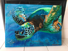 Load image into Gallery viewer, original Sea Turtle sparkly resin pour painting on birch wood named "Searching for Light" by Ashley Lane