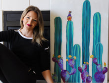 Load image into Gallery viewer, On Perch Original Cactus painting with quail and prickly pear by Ashley Lane