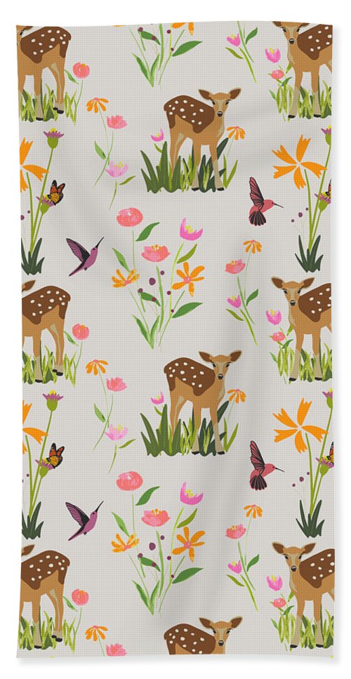 Fawn with Wildflowers and Humming birds - Beach Towel