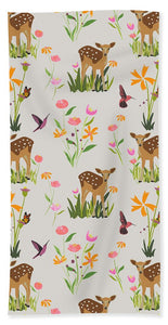 Fawn with Wildflowers and Humming birds - Bath Towel
