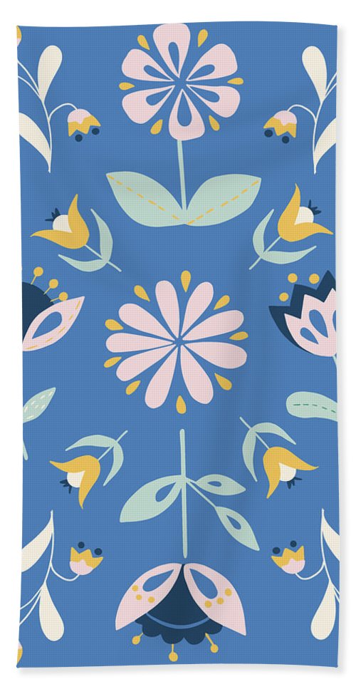Folk Flower Pattern in Blue - Beach Towel