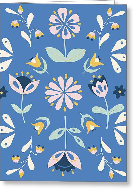 Folk Flower Pattern in Blue - Greeting Card