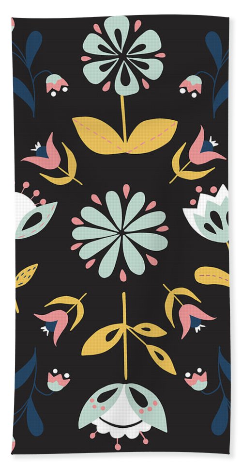 Folk Flower Pattern in Black and Blue - Beach Towel