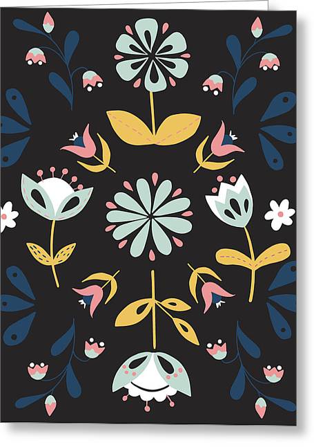Folk Flower Pattern in Black and Blue - Greeting Card