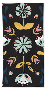 Folk Flower Pattern in Black and Blue - Beach Towel