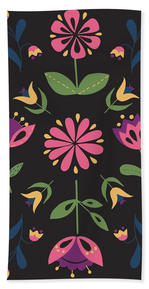 Folk Flower Pattern in Black and Pink - Beach Towel