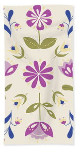 Folk Flower Pattern in Beige and Purple - Beach Towel