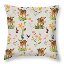Load image into Gallery viewer, Fawn with Wildflowers and Humming birds - Throw Pillow
