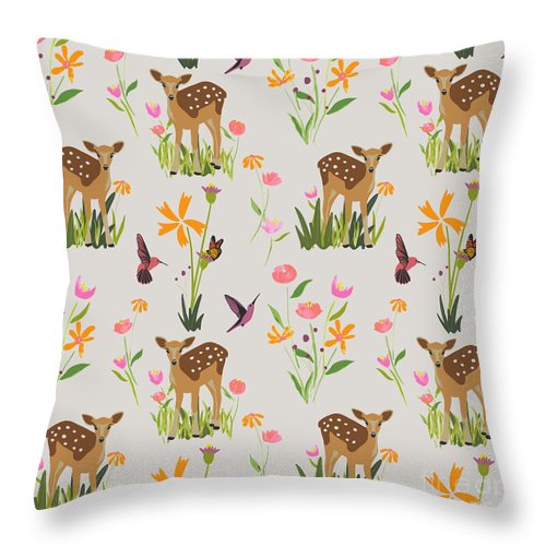 Fawn with Wildflowers and Humming birds - Throw Pillow