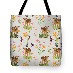 Fawn with Wildflowers and Humming birds - Tote Bag