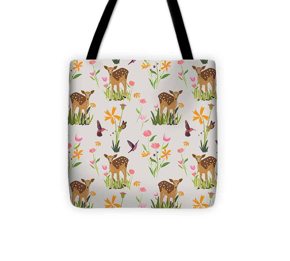 Fawn with Wildflowers and Humming birds - Tote Bag