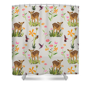 Fawn with Wildflowers and Humming birds - Shower Curtain