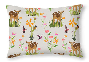 Fawn with Wildflowers and Humming birds - Throw Pillow