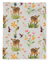 Load image into Gallery viewer, Fawn with Wildflowers and Humming birds - Blanket
