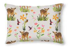 Load image into Gallery viewer, Fawn with Wildflowers and Humming birds - Throw Pillow
