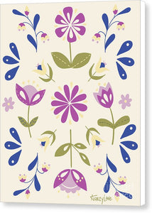 Folk Flower Pattern in Beige and Purple - Canvas Print