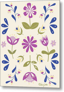 Folk Flower Pattern in Beige and Purple - Metal Print