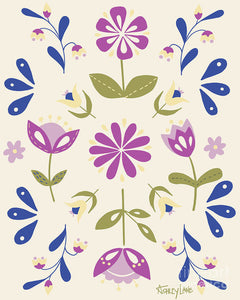 Folk Flower Pattern in Beige and Purple - Art Print