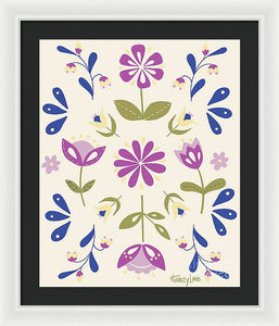 Folk Flower Pattern in Beige and Purple - Framed Print