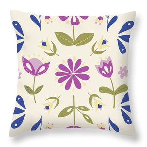 Folk Flower Pattern in Beige and Purple - Throw Pillow