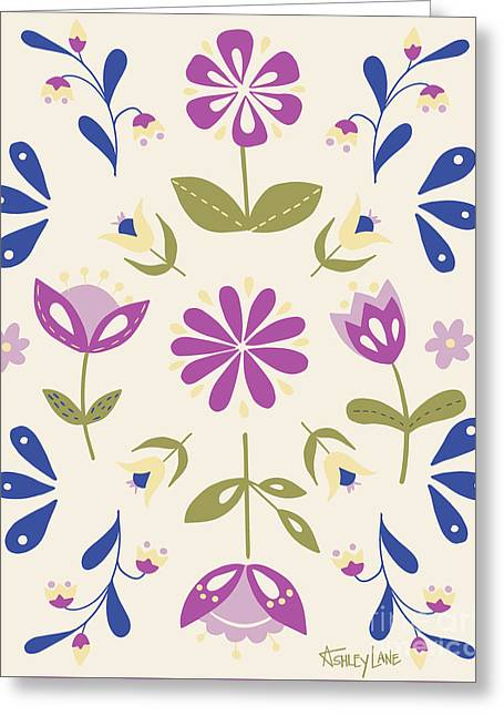 Folk Flower Pattern in Beige and Purple - Greeting Card