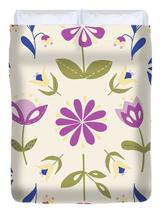 Folk Flower Pattern in Beige and Purple - Duvet Cover