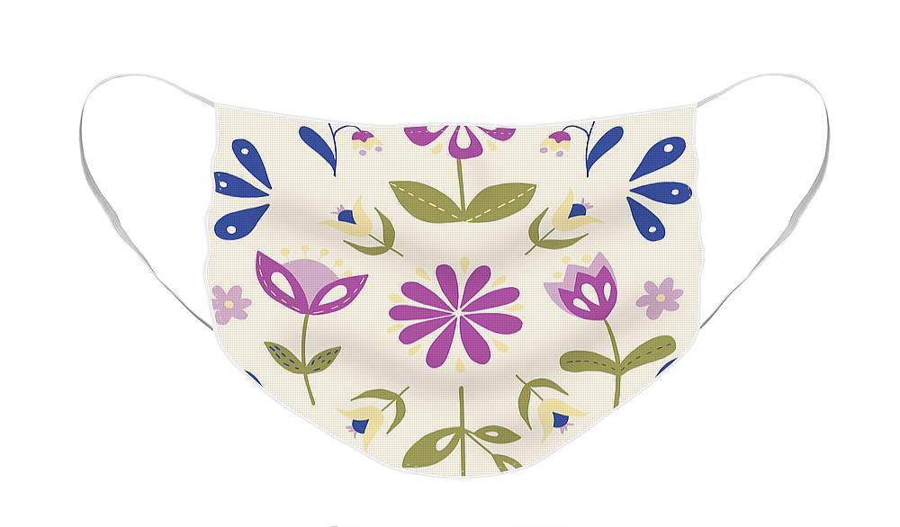 Folk Flower Pattern in Beige and Purple - Face Mask
