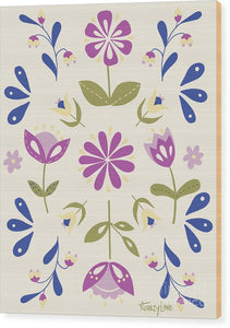 Folk Flower Pattern in Beige and Purple - Wood Print