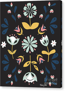 Folk Flower Pattern in Black and Blue - Canvas Print