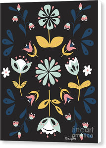 Folk Flower Pattern in Black and Blue - Canvas Print