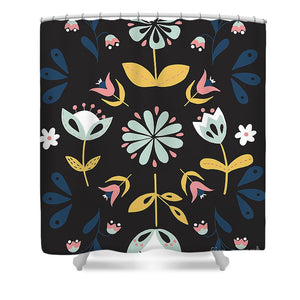 Folk Flower Pattern in Black and Blue - Shower Curtain