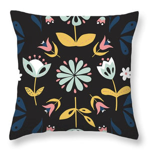 Folk Flower Pattern in Black and Blue - Throw Pillow