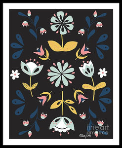 Folk Flower Pattern in Black and Blue - Framed Print